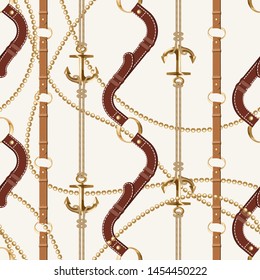 Seamless with brown leather belts ,gold metallic chains and anchor for fabric design. Abstract fashion pattern illustration on beige background. Idea for material, scarf, fabric, textile, wallpaper .