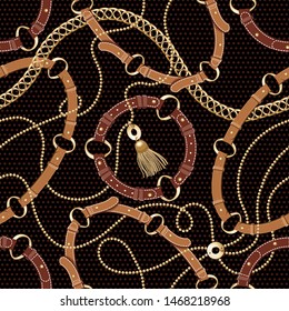 Seamless with brown leather belts ,gold metallic chains and tassels for fabric design. Abstract fashion pattern illustration on black background. Idea for material, scarf, fabric, textile, wallpaper .