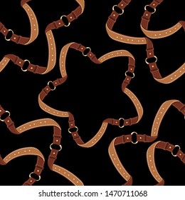Seamless with brown leather belts ,gold metallic rings  for fabric design. Abstract fashion pattern illustration on black background. Idea for material, scarf, fabric, textile, wallpaper .