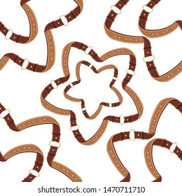 Seamless with brown leather belts ,gold metallic rings  for fabric design. Abstract fashion pattern illustration on white background. Idea for material, scarf, fabric, textile, wallpaper .