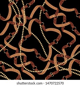 Seamless with brown leather belts ,gold metallic chains  for fabric design. Abstract fashion pattern illustration on black background. Idea for material, scarf, fabric, textile, wallpaper .