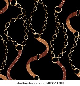 Seamless with brown leather belts ,gold metallic chains  for fabric design. Abstract fashion pattern illustration on black background. Idea for material, scarf, fabric, textile, wallpaper, wrapping.