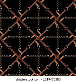 Seamless with brown leather belts ,gold metallic chains and braids for fabric design. Abstract fashion pattern illustration on black background. Idea for material, scarf, fabric, textile, wallpaper .