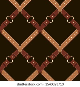 Seamless with brown leather belts ,gold metallic ring for fabric design. Abstract fashion pattern illustration on black background. Idea for material, scarf, fabric, textile, wallpaper .