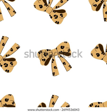 Seamless brown leopard bow pattern on white background. Vector illustration for printing. Cute baby background for girls