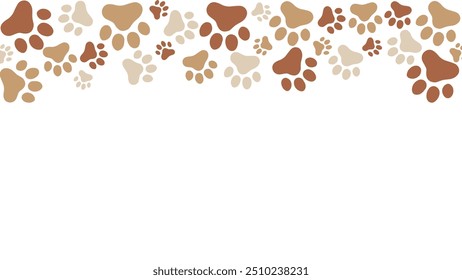 Seamless brown and neutral colors dog or cat paw prints. Animals print border frame with copy space for backgrounds, patterns, websites, showcases design, greeting cards, child prints, wallpapers, etc