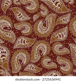 Patrón Paisley marrón sin costuras con intrincadas Formas en forma de lágrima y elegantes detalles curvos. Los tonos marrones cálidos de inspiración vintage crean una estética atemporal y sofisticada. Perfecto para textiles, estampados de moda, Fondos de pantalla, embalajes, decoración del hogar y cualquier proyecto creativo que necesite un diseño de estampado continuo de tierras ornamentales.
