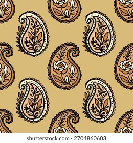 Seamless brown paisley pattern with rose motif