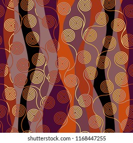 Seamless brown patchwork pattern. Curly waves pattern in Art Nouveau style. Vector illustration.