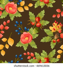 Seamless brown pattern with autumn bouquets, berries, leaves. Vector illustration