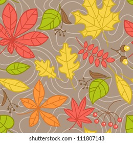 Seamless brown pattern with colorful autumn leaves. Vector illustration