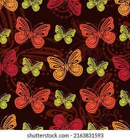 Seamless brown pattern with colorful flying butterflies. Vector eps 10