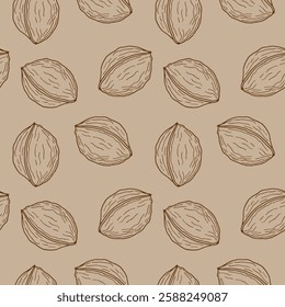 Seamless brown pattern with contour nuts, walnut. For packaging, textile, for menu design or confectionery, interior, background and other designs.