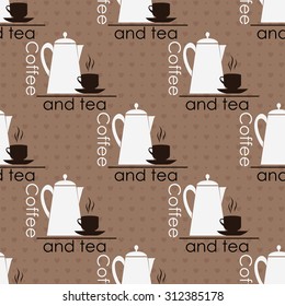 Seamless brown pattern with cups and teapots