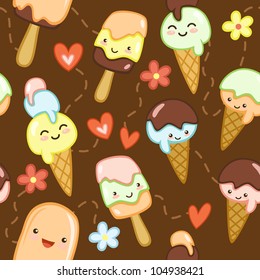 Seamless brown pattern with cute ice creams, flowers and hearts. Vector illustration