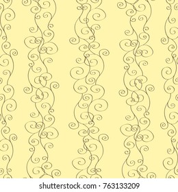 Seamless brown pattern with hand-drawn strips of curls, spirals and waves