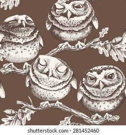 Seamless brown pattern with images of little owls on oak branches. Vector illustration.