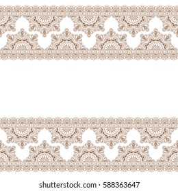 Seamless brown pattern mehndi border elements with flowers for tattoo or card in Indian style on white background. Vector illustration