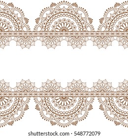 Seamless brown pattern mehndi Indian borders with mirrored flowers and geometric elements for tattoo. Vector illustration isolated on white background