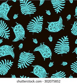 Seamless brown pattern with owls and fern