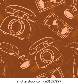 Seamless brown pattern with vintage phone, hourglass and feather with inkwell