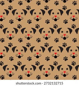 Patrón de perrito marrón sin fisuras con diseño de ilustración de corazones rojos