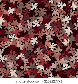 Textura de patrón de hoja de color rojizo marrón sin foco. Ilustración grabada en otoño de hojas marchitas de color vectorial. Fondo de camuflaje decorativo urbano de hojas de arce en el suelo