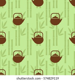 seamless brown tea pot with green bamboo pattern background