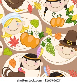 Seamless brown thanksgiving pattern with cute American Indians, pilgrims, turkey and pumpkins. Vector illustration