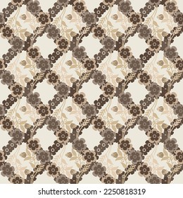 seamless brown theme Botanical cross flowers with cream background Vector pattern.simple style with flowers and leaves.new creative autumn winter check type flower geometrical patterns.