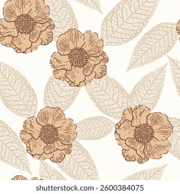 Seamless brown theme flower and leaves texture lines used for geometrical pattern background design for used textiles.