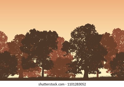 Seamless brown vector forest landscape with deciduous trees and grassy land.