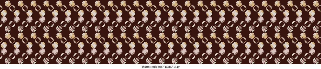 Seamless brown vector geometric circle border pattern. Mid century modern woven linen texture style banner background. Vintage 1950s warm color decorative edge. Geo abstract graphic ribbon trim