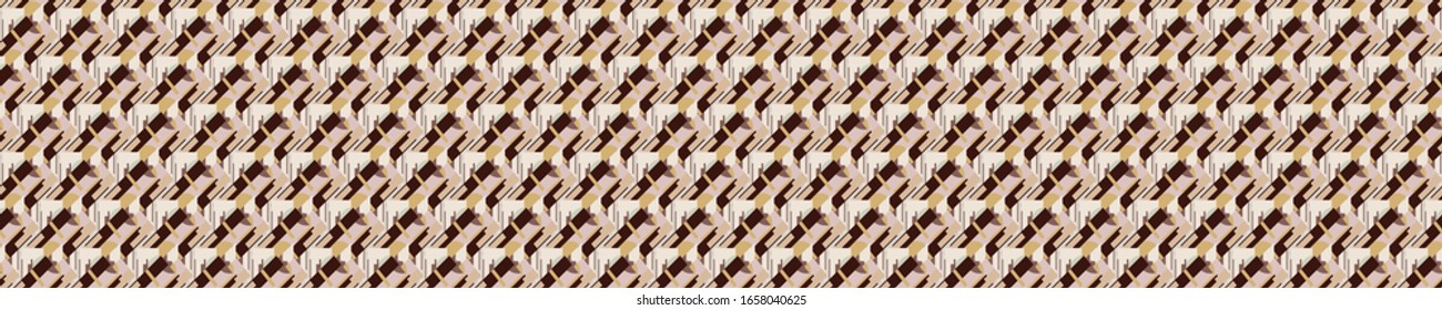 Seamless brown vector geometric polygon border pattern. Mid century modern woven linen texture style banner background. Vintage 1950s warm color decorative edge. Geo abstract graphic ribbon trim
