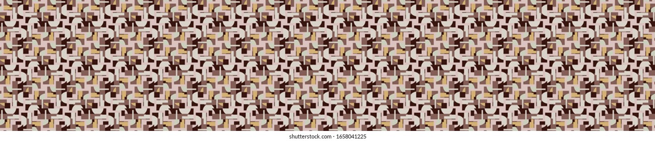 Seamless brown vector geometric polygon border pattern. Mid century modern woven linen texture style banner background. Vintage 1950s warm color decorative edge. Geo abstract graphic ribbon trim