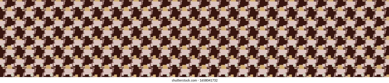Seamless brown vector geometric polygon border pattern. Mid century modern woven linen texture style banner background. Vintage 1950s warm color decorative edge. Geo abstract graphic ribbon trim