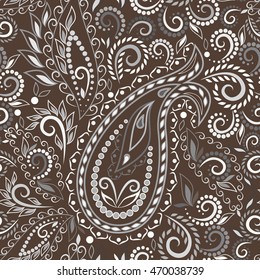 Seamless brown and white  pattern with paisley. Traditional ethnic ornament,. Vector print. Use for  wallpaper, pattern fills,textile design.