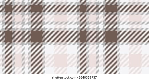 Seamless brown, white, and soft pink tartan plaid pattern with diagonal stripes. Geometric checkered design for fabric, wallpaper, or digital backgrounds. Vector repeatable textile texture.