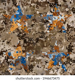 Camuflaje de píxeles marrón-grises impecable con estrellas de cinco puntas en colores azul-naranja-amarillo. Editable.
