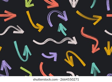 Seamless brush, colored crayon drawn bold arrows pattern. Template hand drawn doodle thick colorful arrows in different directions. Collection of chalk arrow vector. Handwritten chalk, brush, design.