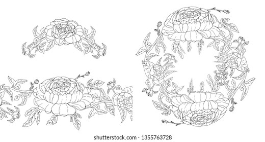 seamless brush and decor with hand drawn peonies black and white lines vector illustration