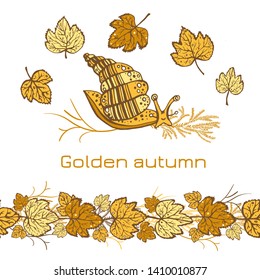Seamless brush with golden leaves on the white background. Endless brush for design. Golden autumn leaves and cute golden snails for your greeting cards, design, wedding announcements.