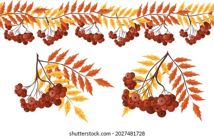 Seamless brush made of leaves and clusters of mountain ash. A design element. Vector.