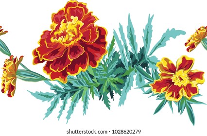 Seamless brush of painted orange flowers of marigolds and leaves bright in vector