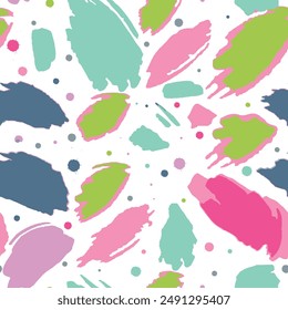 Seamless brush pattern with abstract hand drawing art round circle background elements isolated in green, blue and pink