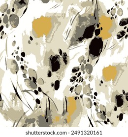 Seamless brush pattern with abstract hand drawing art doodle leaf background elements in yellow, brown and black