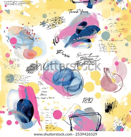 Seamless brush pattern with abstract hand drawn art lettering and handwritten background elements in yellow, pink and blue colors