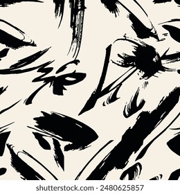 Seamless brush pattern with abstract hand-drawn background elements in black and beige