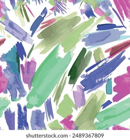 Seamless brush pattern with abstract isolated brush hand drawn background elements in green, blue, purple and pink