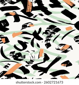 Seamless brush pattern with black, green and yellow hand drawn art abstract brush line background elements